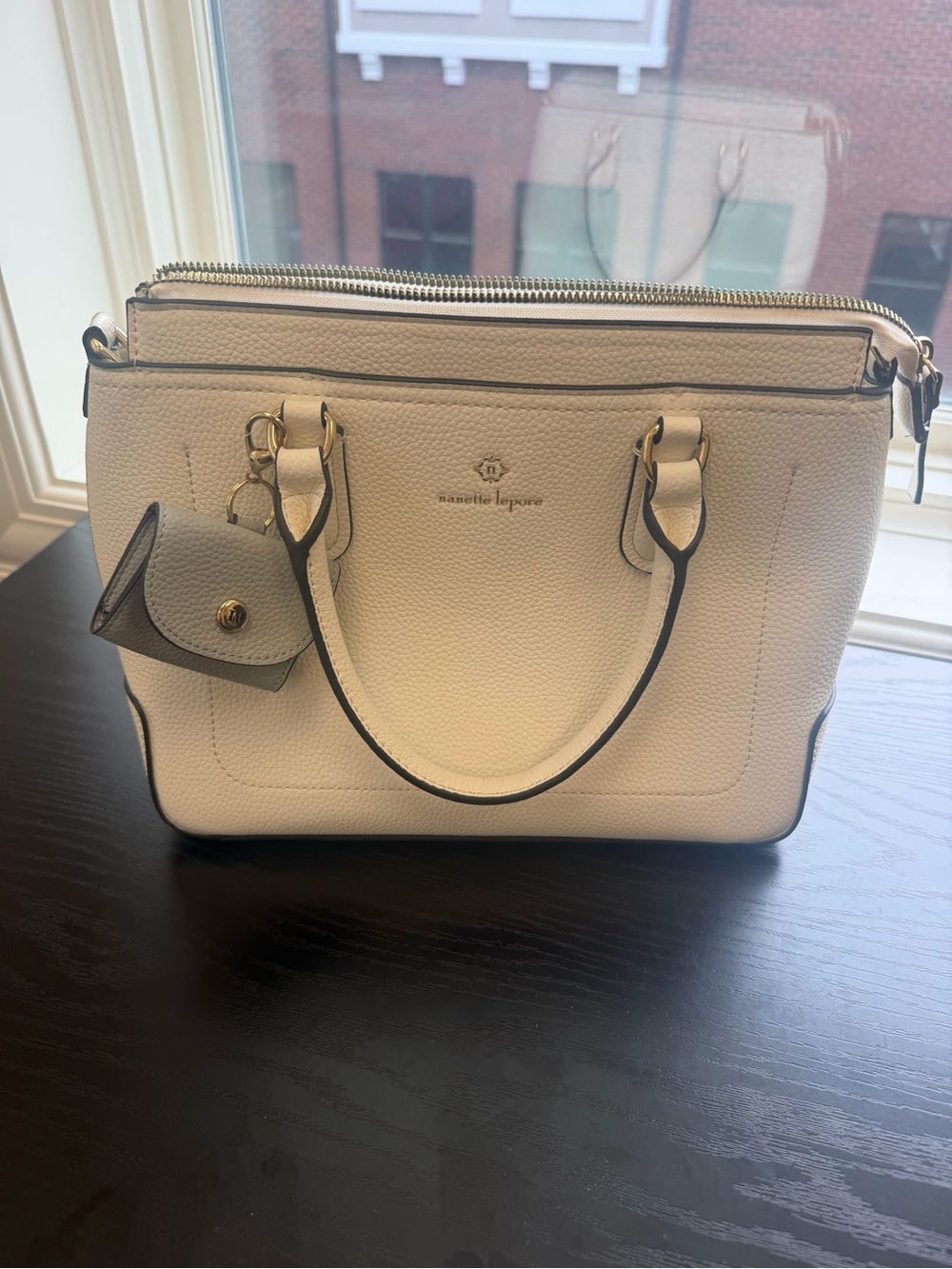 Nanette Lepore Cream Leather Double Zip Satchel with Gold Hardware
